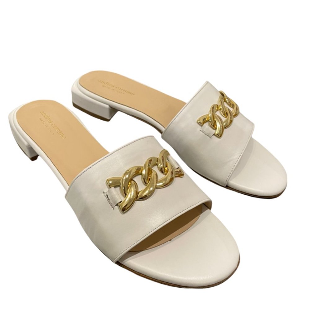 Andrea Carrano Leather Gold Chain Slide Sandals White NWB